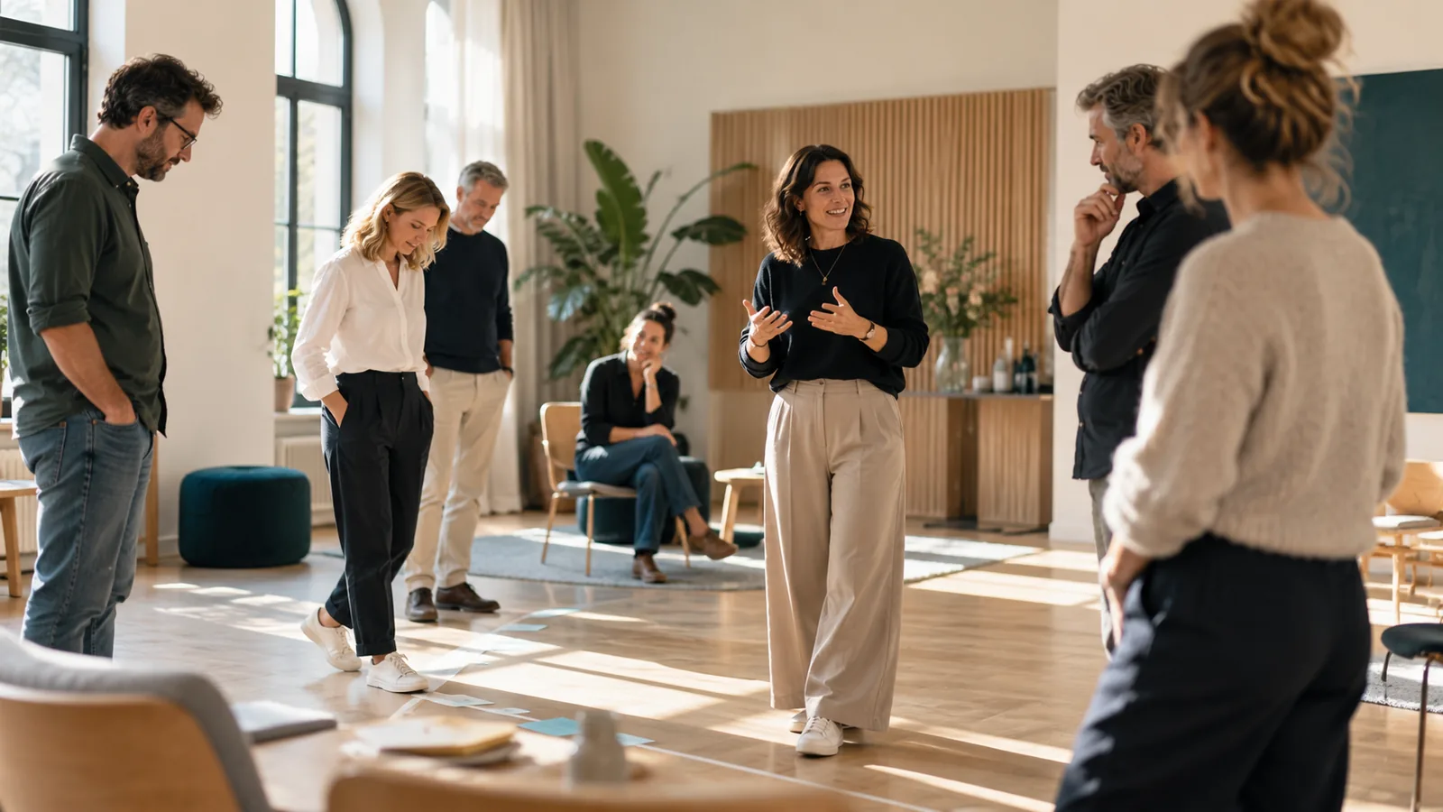 Illustrative Workshop-Szene mit Erwachsenen, die sich im Raum positionieren